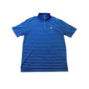 Peter Millar Summer Comfort Blue Yellow Striped Polo Shirt Short Sleeve Size L
